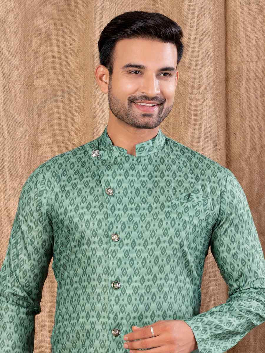 Green Printed Cotton Silk Embroidery Festival Wedding Party Mens Kurta