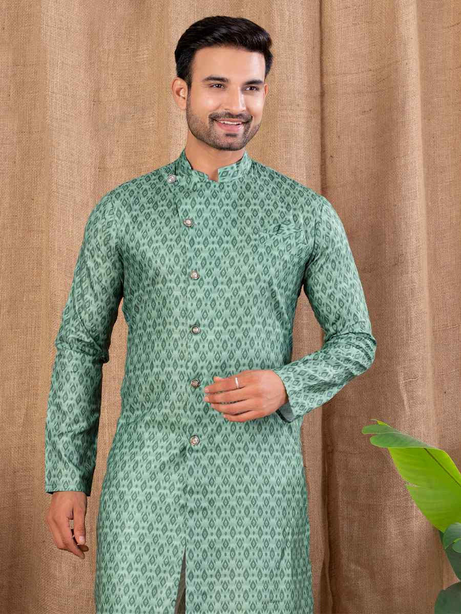 Green Printed Cotton Silk Embroidery Festival Wedding Party Mens Kurta