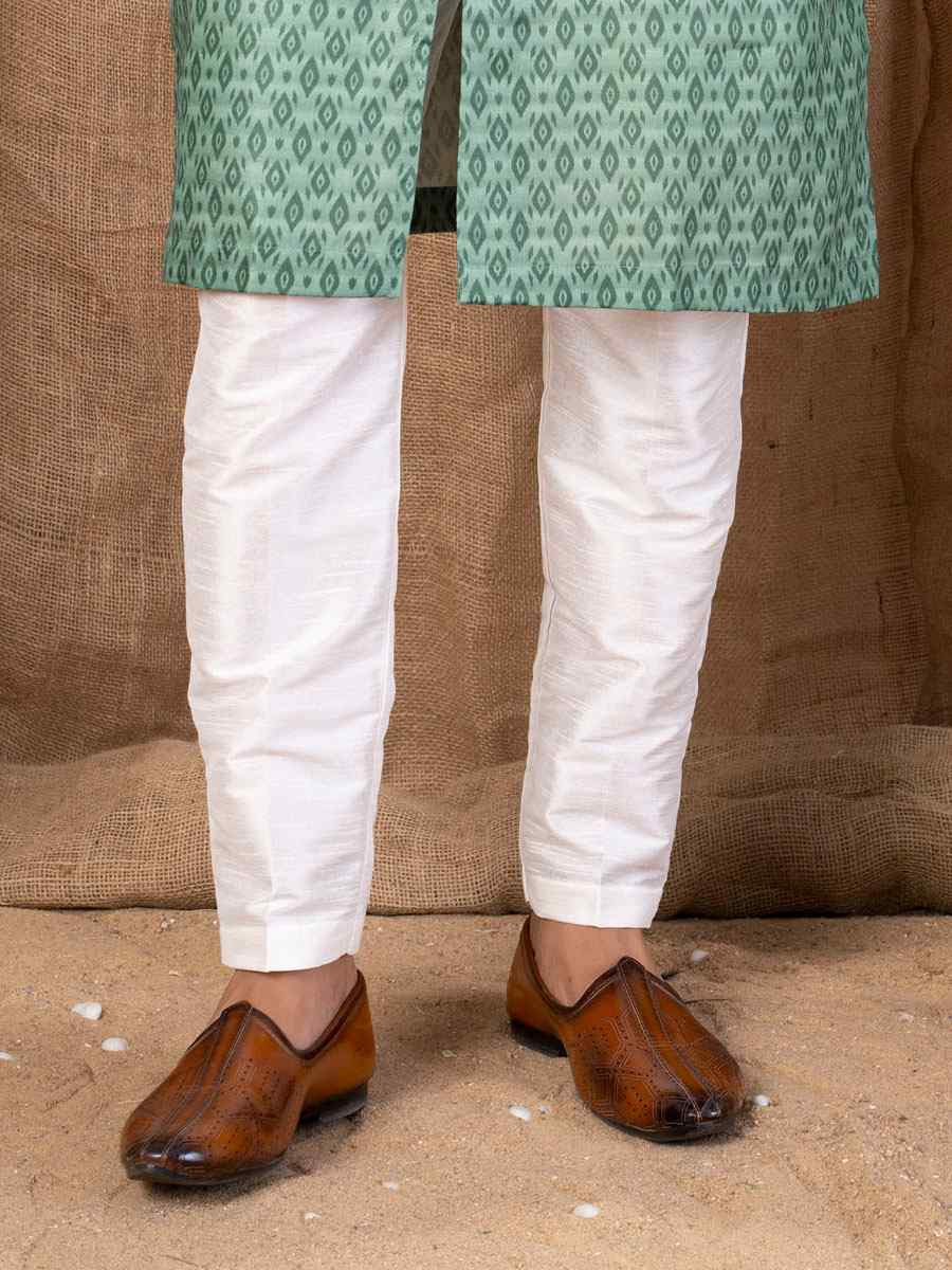 Green Printed Cotton Silk Embroidery Festival Wedding Party Mens Kurta