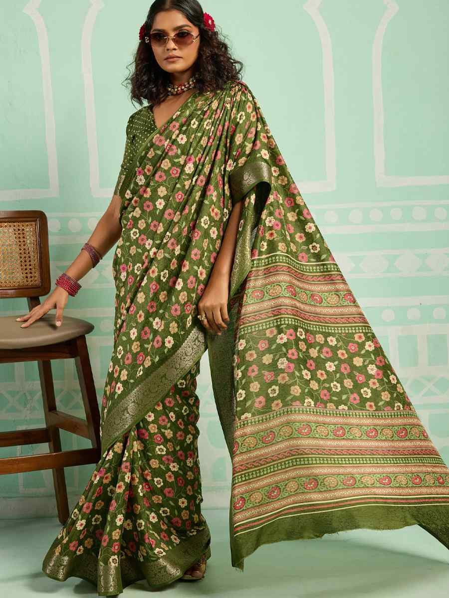 Green Printed Handwoven Traditional Bridal Reception Festival Wedding Fancy Classic Style Sarees