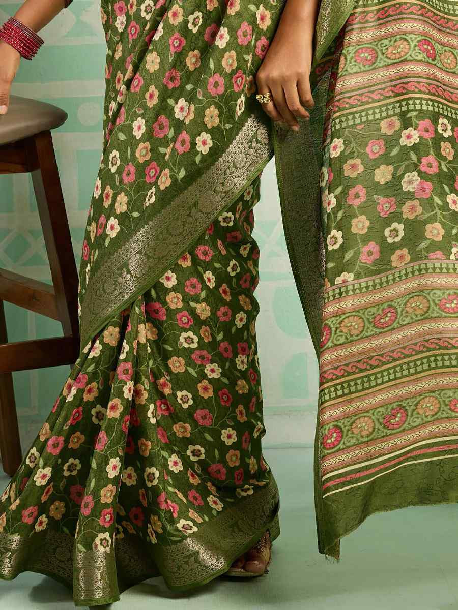 Green Printed Handwoven Traditional Bridal Reception Festival Wedding Fancy Classic Style Sarees