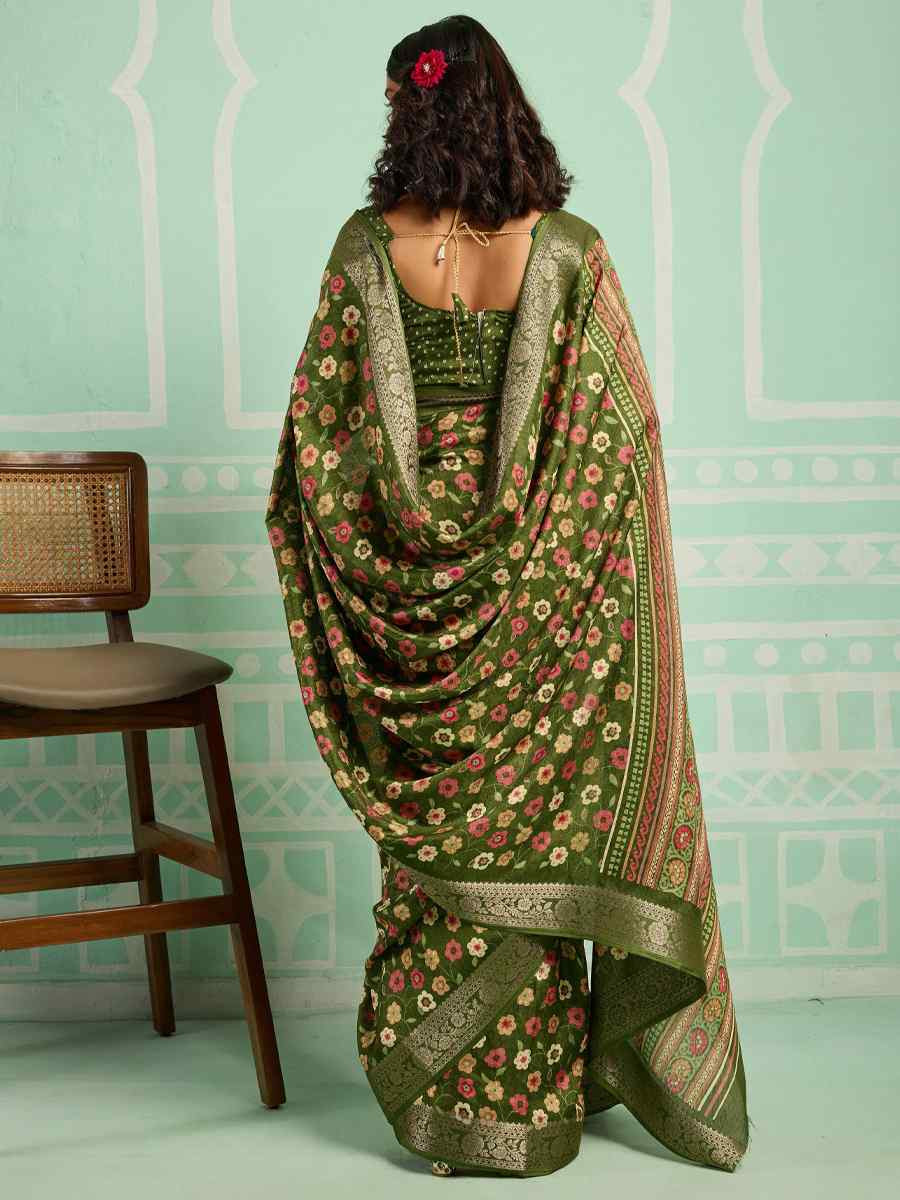 Green Printed Handwoven Traditional Bridal Reception Festival Wedding Fancy Classic Style Sarees