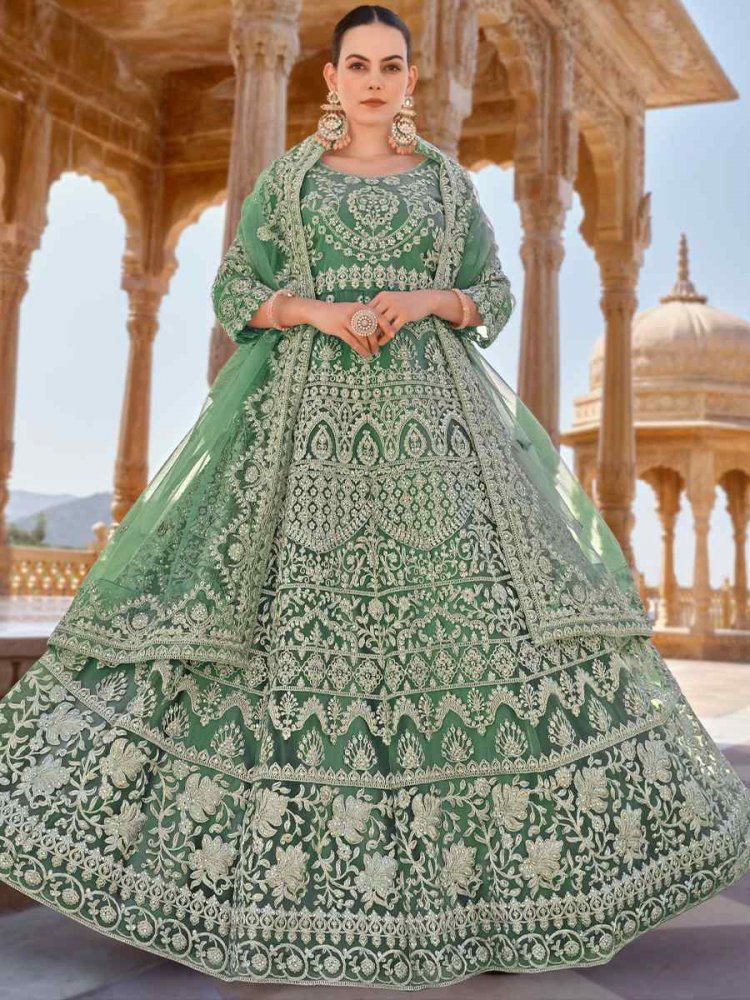 Green Pure Butterfly Net Embroidered Festival Wedding Anarkali Salwar Kameez