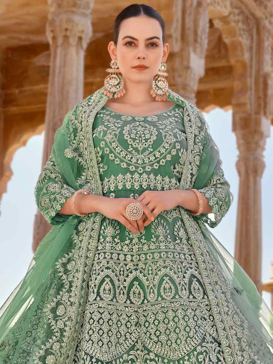 Green Pure Butterfly Net Embroidered Festival Wedding Anarkali Salwar Kameez