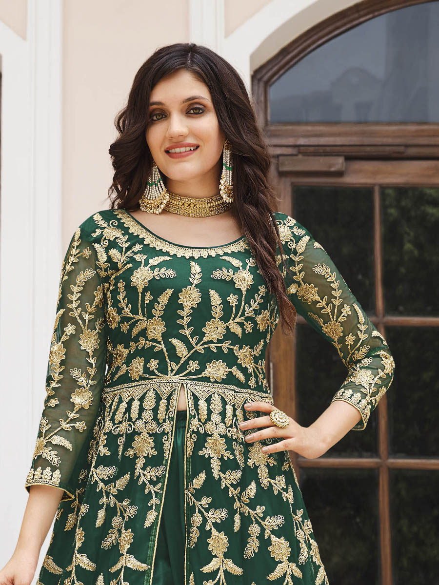 Green Pure Butterfly Net Embroidered Wedding Festival Lawn Salwar Kameez