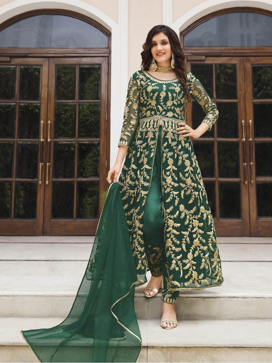 Green Pure Butterfly Net Embroidered Wedding Festival Lawn Salwar Kameez
