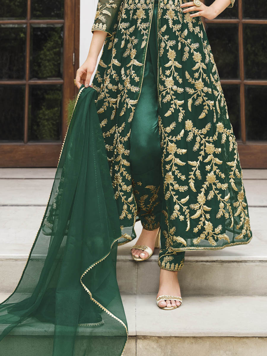 Green Pure Butterfly Net Embroidered Wedding Festival Lawn Salwar Kameez