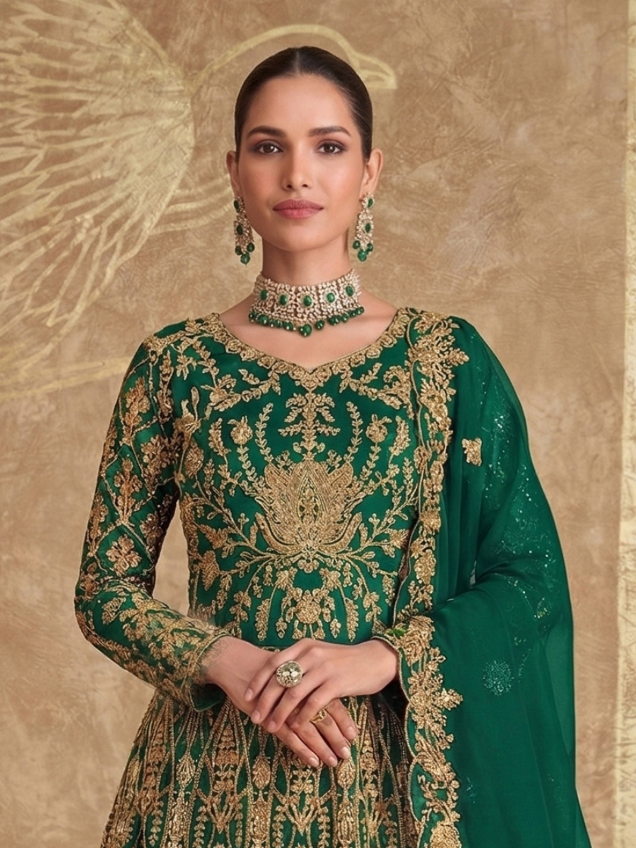 Green Pure Butterfly Net Embroidery Zari Sequins Wedding Party Festival Engagement Lawn Salwar Kameez