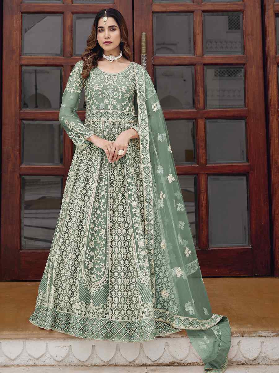 Green Pure Butterfly Nett Embroidered Festival Casual Wedding Gown Women Wear