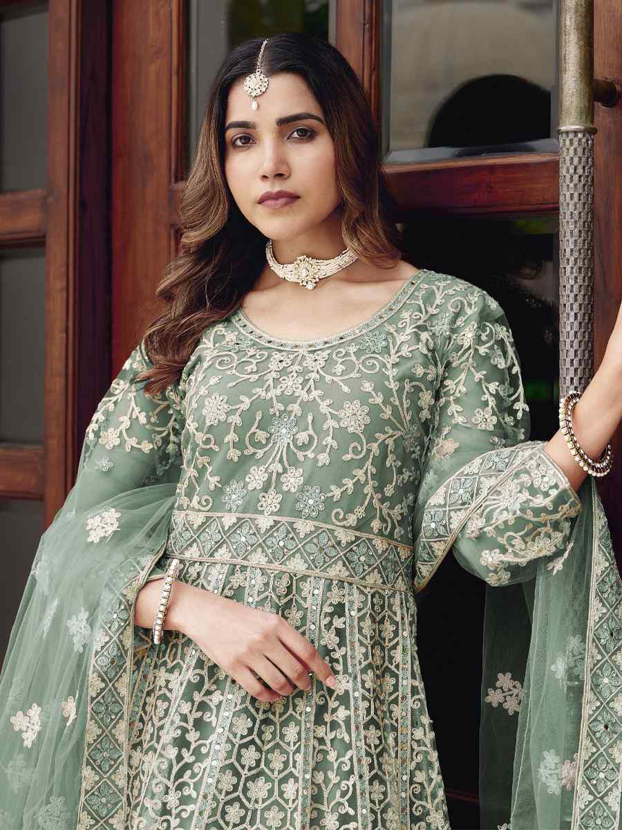 Green Pure Butterfly Nett Embroidered Festival Casual Wedding Gown Women Wear