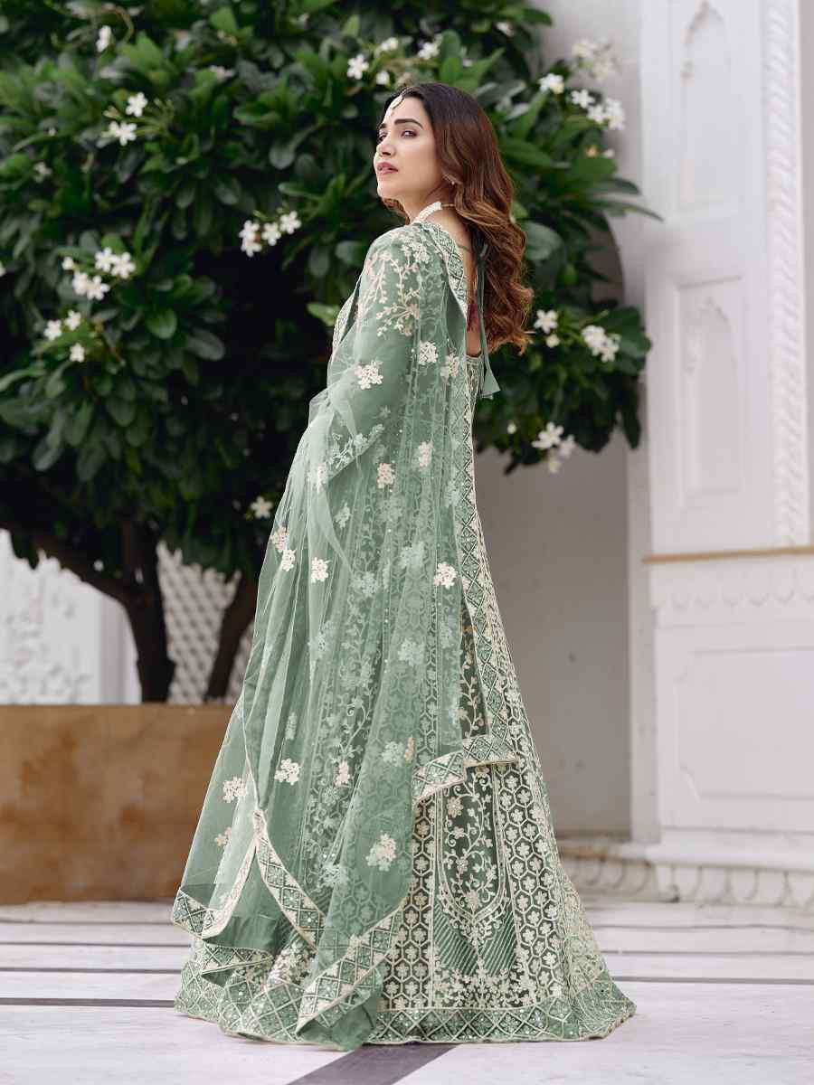 Green Pure Butterfly Nett Embroidered Festival Casual Wedding Gown Women Wear