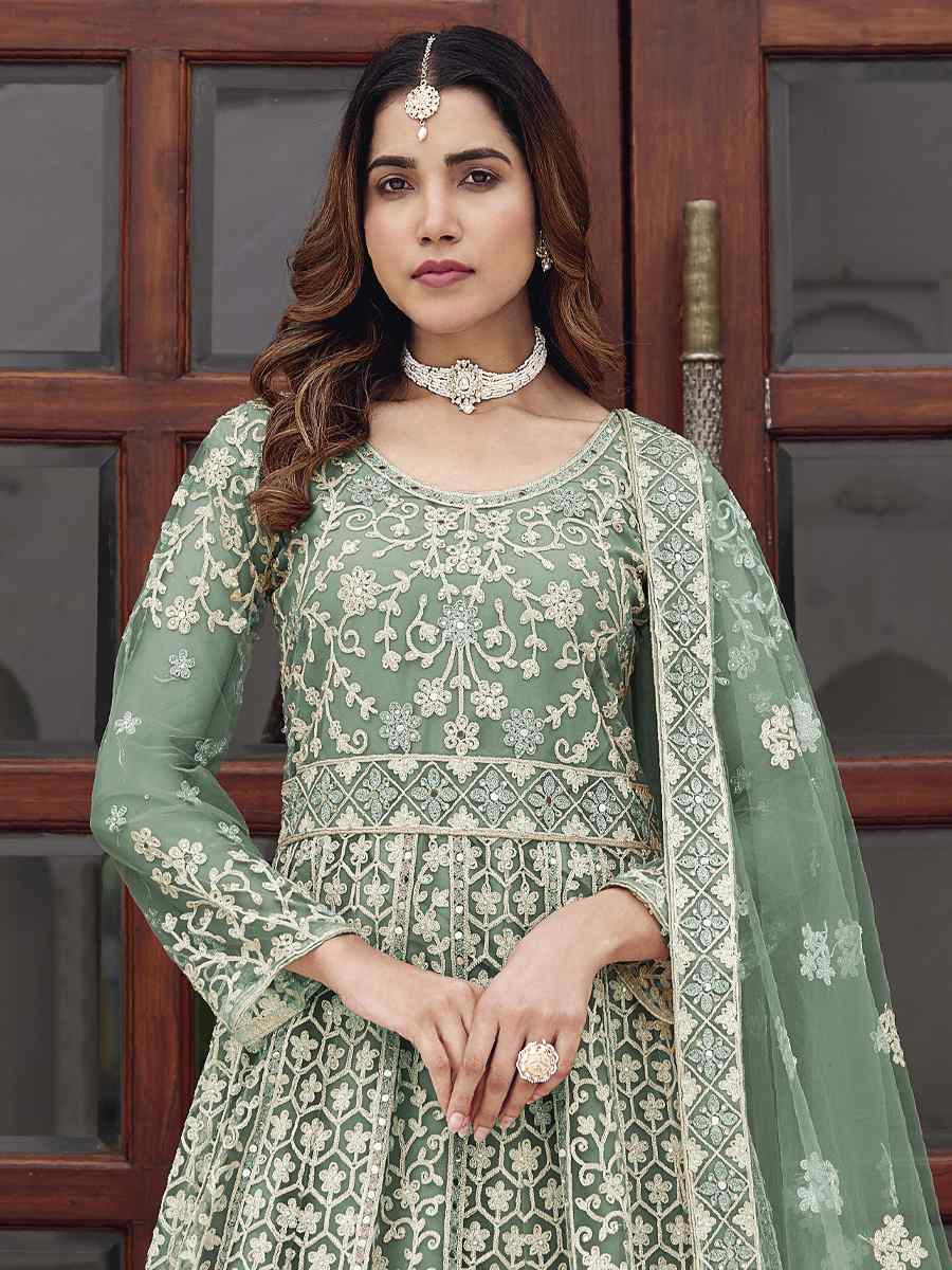 Green Pure Butterfly Nett Embroidered Festival Casual Wedding Gown Women Wear