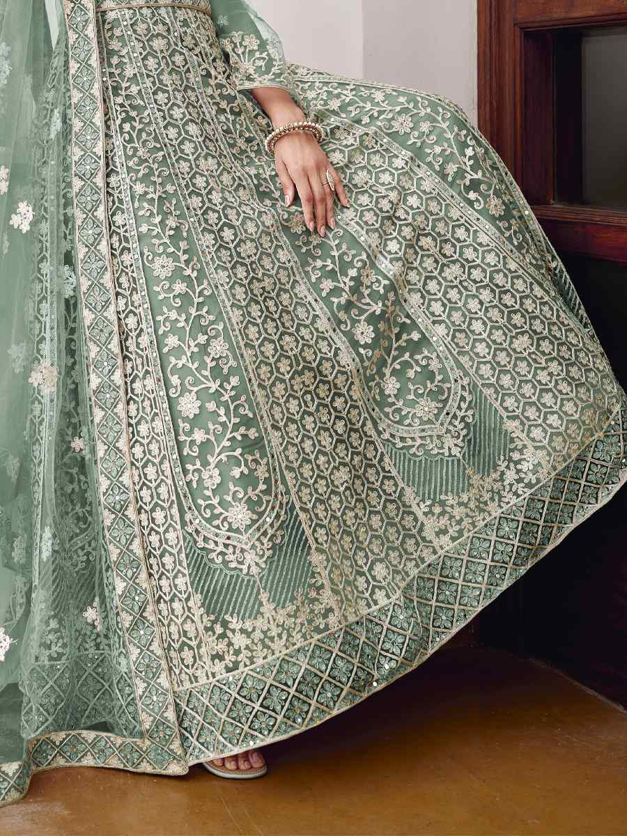 Green Pure Butterfly Nett Embroidered Festival Casual Wedding Gown Women Wear