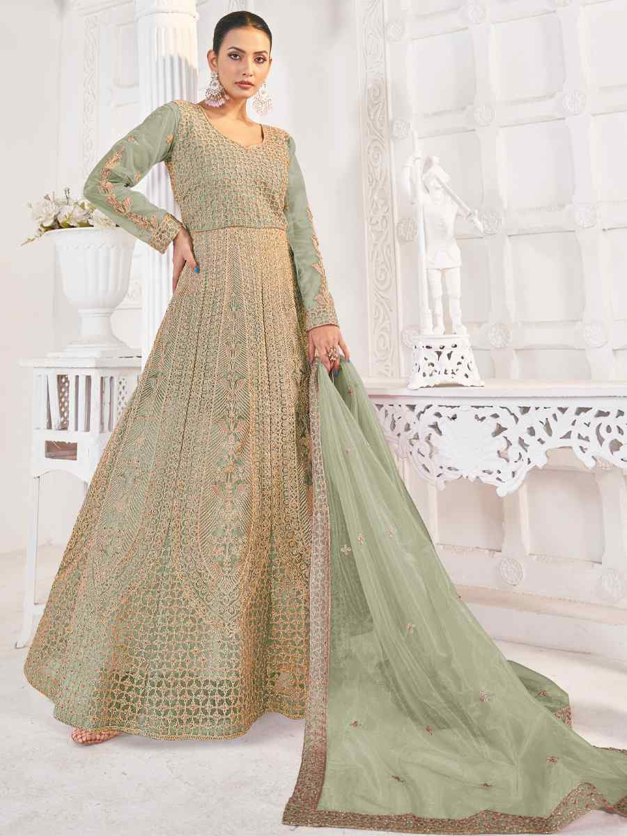 Green Pure Butterfly twill Net Embroidered Festival Casual Anarkali Salwar Kameez