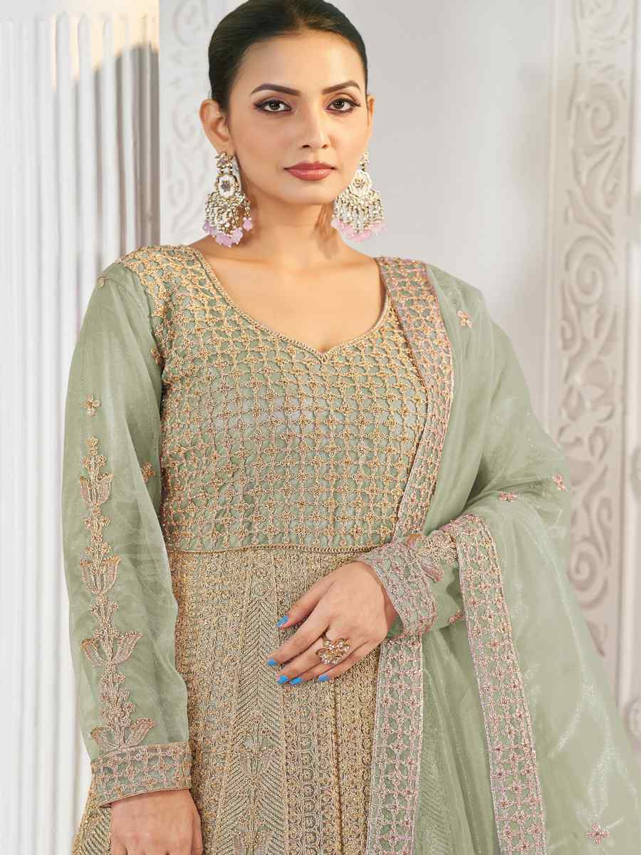 Green Pure Butterfly twill Net Embroidered Festival Casual Anarkali Salwar Kameez