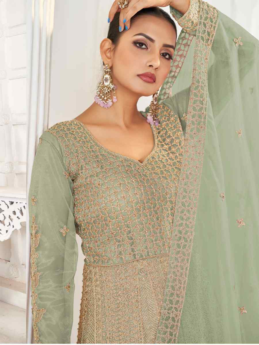 Green Pure Butterfly twill Net Embroidered Festival Casual Anarkali Salwar Kameez