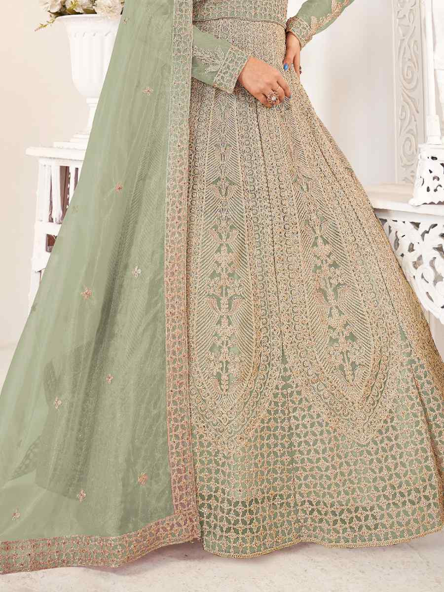 Green Pure Butterfly twill Net Embroidered Festival Casual Anarkali Salwar Kameez