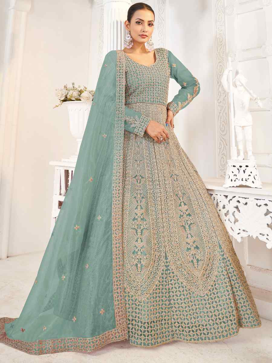 Green Pure Butterfly twill Net Embroidered Festival Casual Anarkali Salwar Kameez