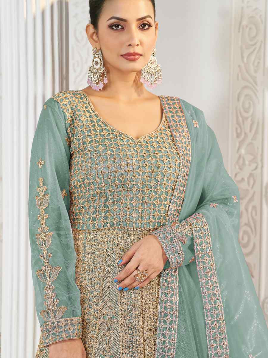 Green Pure Butterfly twill Net Embroidered Festival Casual Anarkali Salwar Kameez