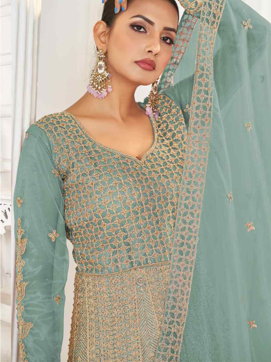 Green Pure Butterfly twill Net Embroidered Festival Casual Anarkali Salwar Kameez