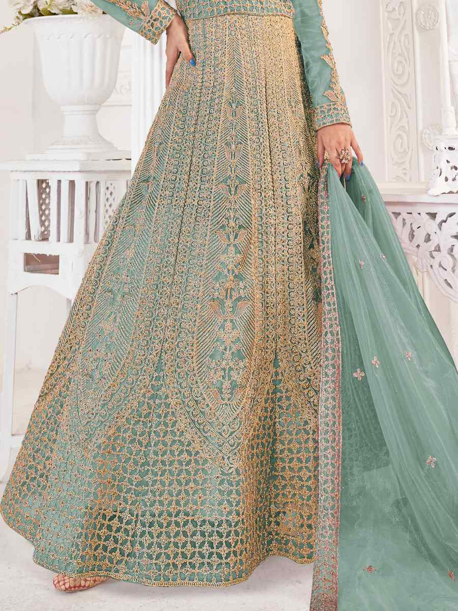 Green Pure Butterfly twill Net Embroidered Festival Casual Anarkali Salwar Kameez
