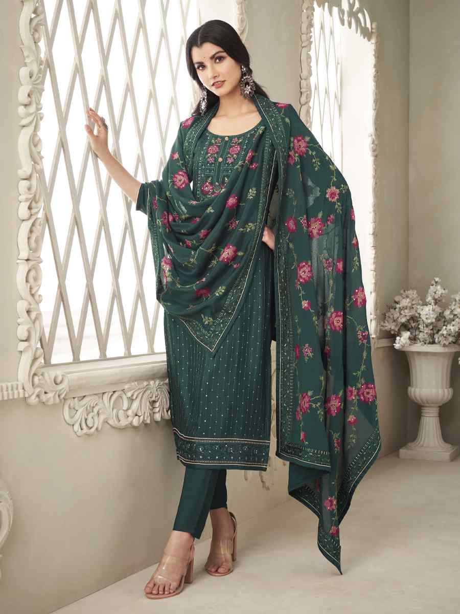 Green Pure Chinon Handwoven Casual Festival Pant Salwar Kameez