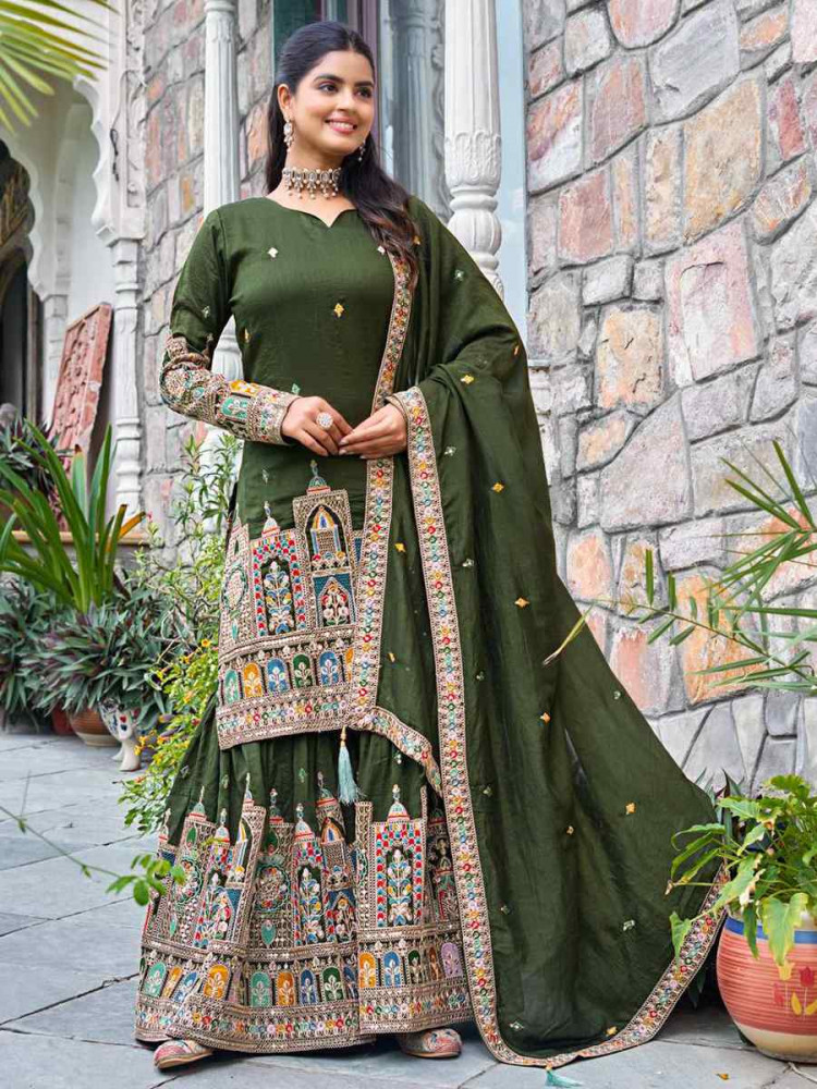 Green Pure Chinon Silk  Embroidered Festival Casual Ready Sharara Pant Salwar Kameez