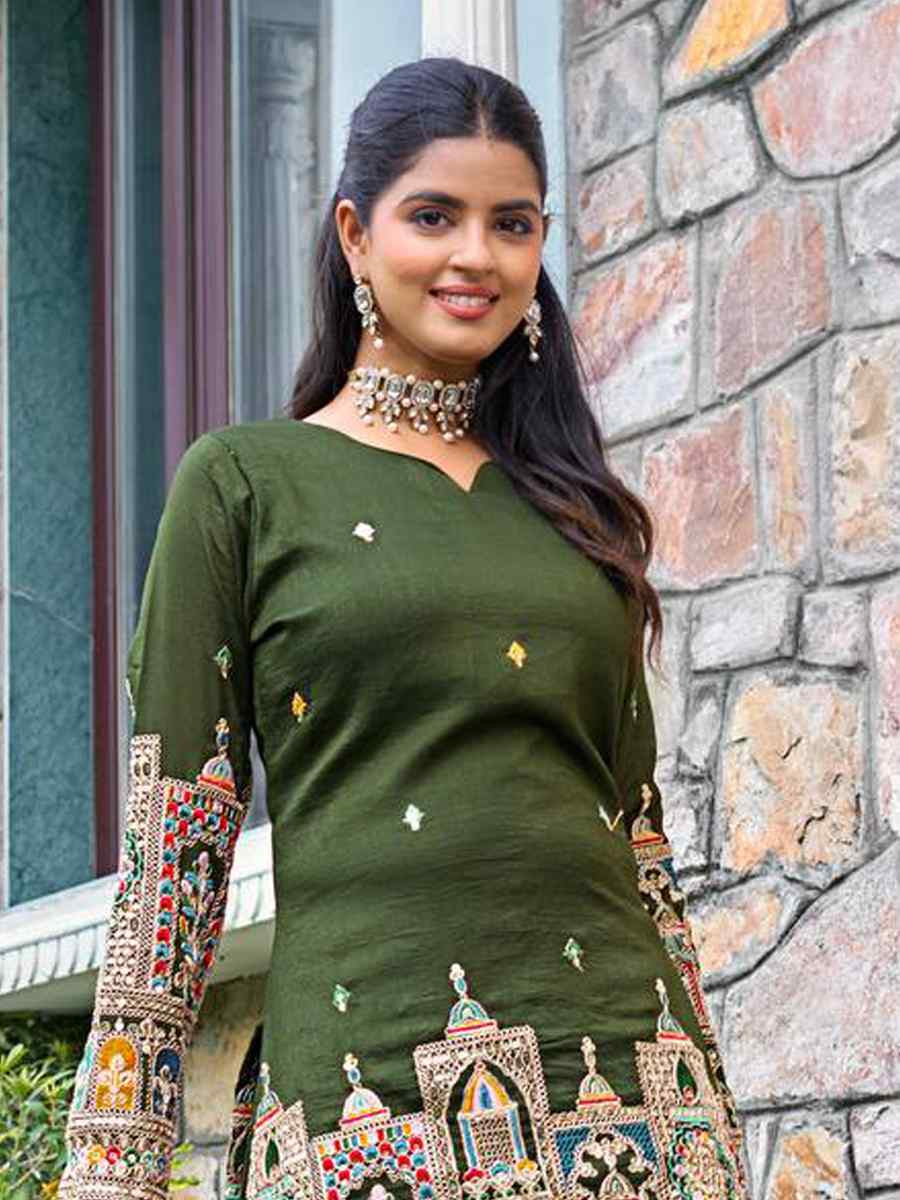 Green Pure Chinon Silk  Embroidered Festival Casual Ready Sharara Pant Salwar Kameez