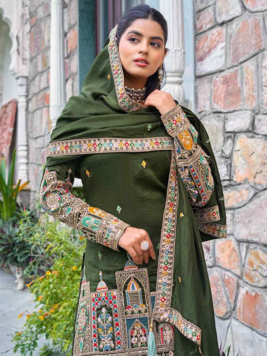 Green Pure Chinon Silk  Embroidered Festival Casual Ready Sharara Pant Salwar Kameez