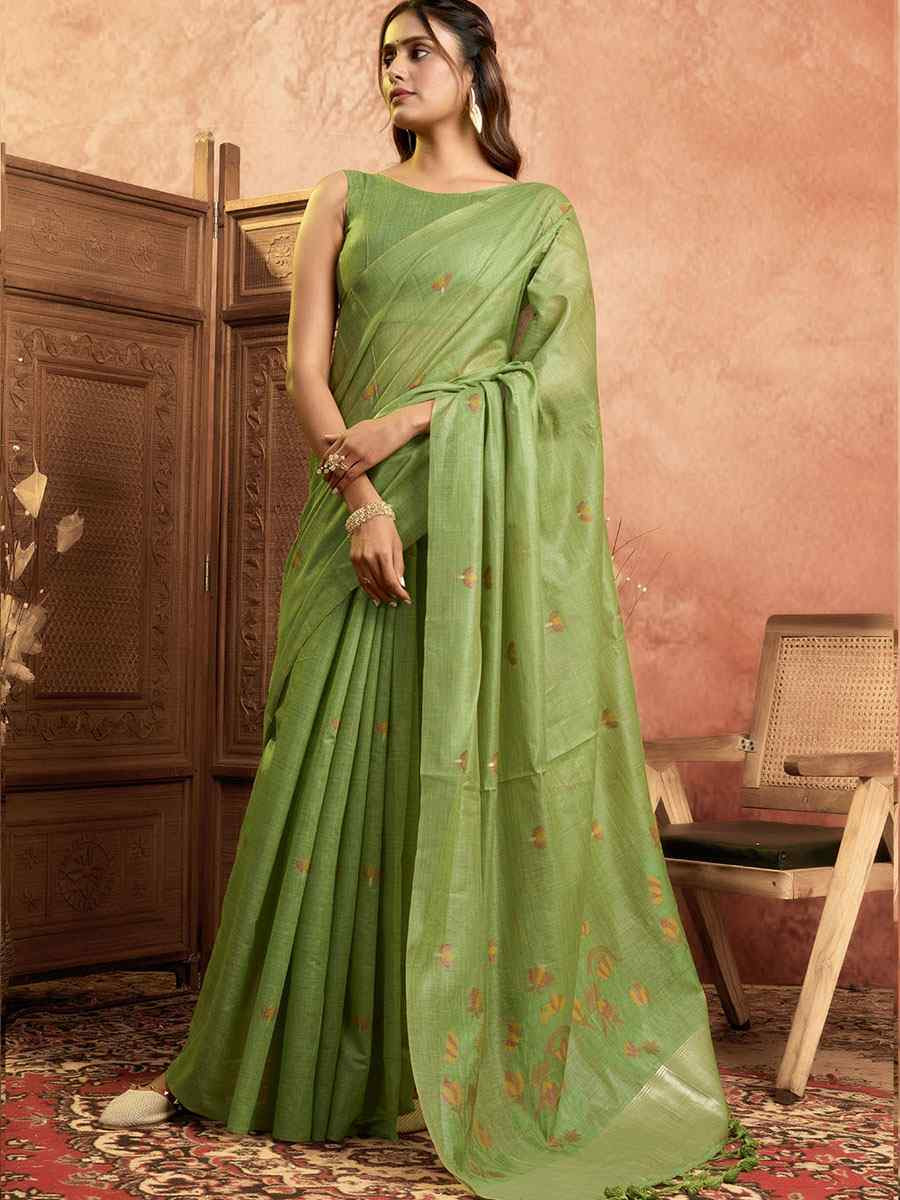 Green Pure Cotton Handwoven Festival Wedding Fancy Heavy Border Saree