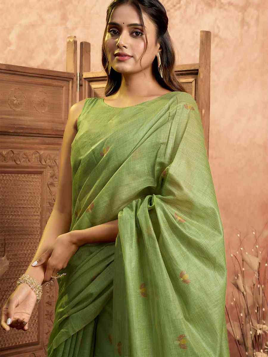 Green Pure Cotton Handwoven Festival Wedding Fancy Heavy Border Saree