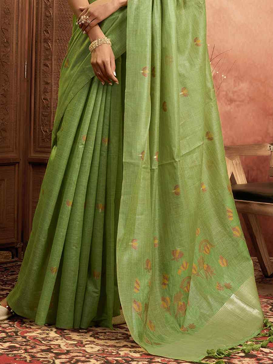 Green Pure Cotton Handwoven Festival Wedding Fancy Heavy Border Saree