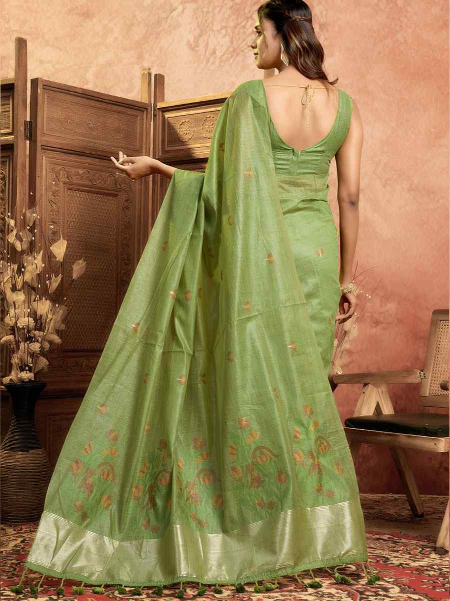 Green Pure Cotton Handwoven Festival Wedding Fancy Heavy Border Saree
