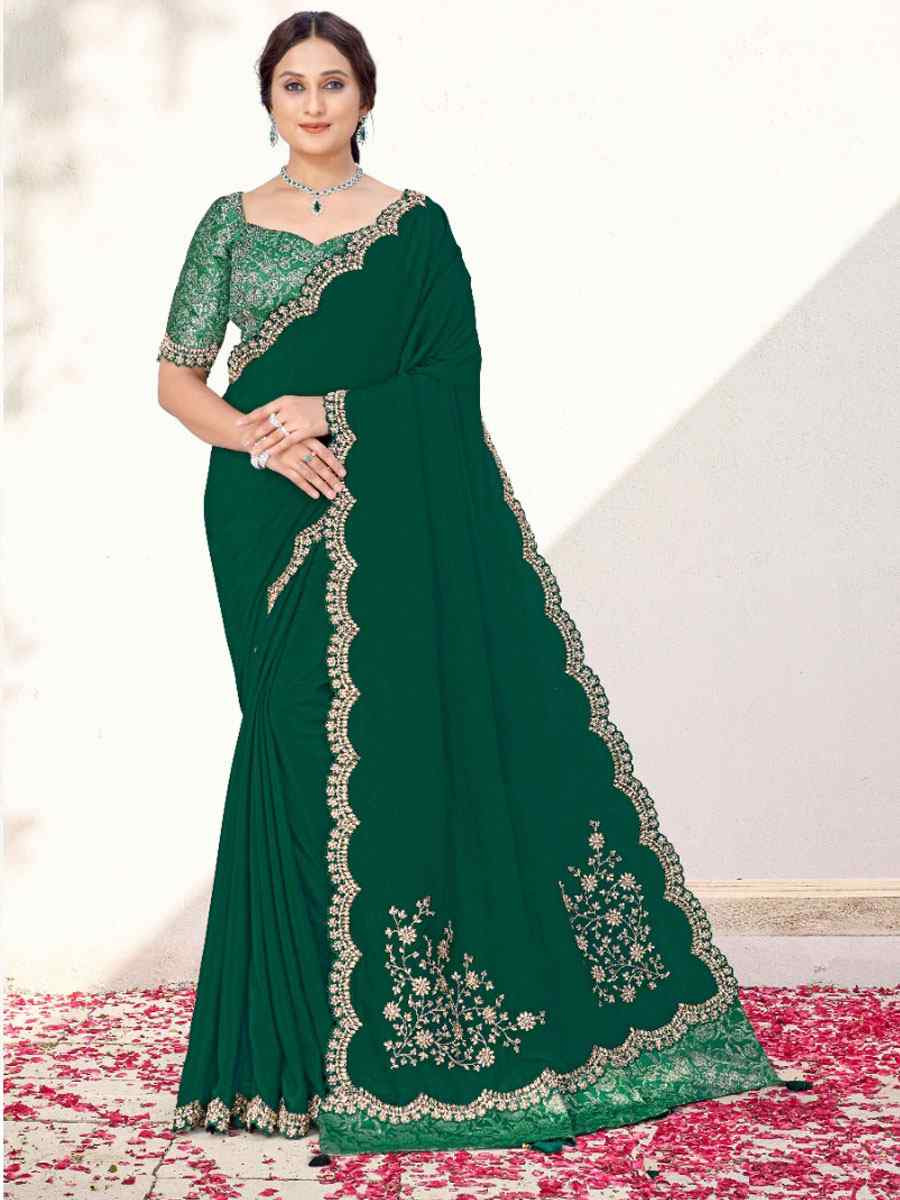 Green Pure Crepe Silk Embroidery Festival Wedding Fancy Classic Heavy Border Saree
