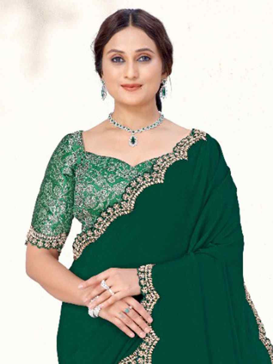 Green Pure Crepe Silk Embroidery Festival Wedding Fancy Classic Heavy Border Saree