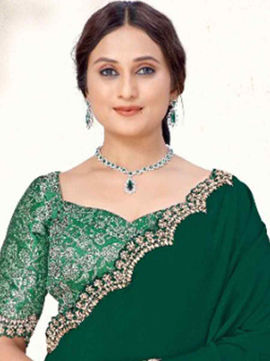 Green Pure Crepe Silk Embroidery Festival Wedding Fancy Classic Heavy Border Saree
