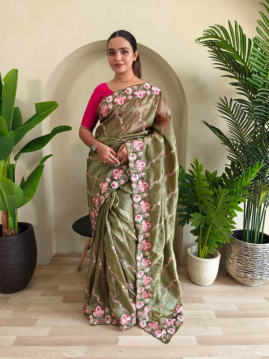 Green Pure Crush Silk Embroidered Festival Wedding Fancy Heavy Border Saree