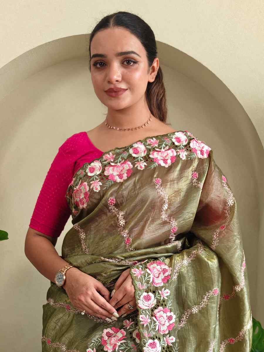 Green Pure Crush Silk Embroidered Festival Wedding Fancy Heavy Border Saree