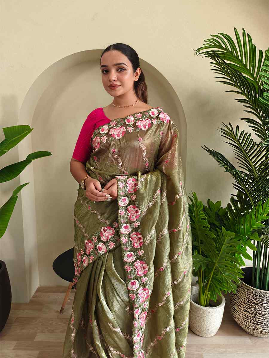 Green Pure Crush Silk Embroidered Festival Wedding Fancy Heavy Border Saree