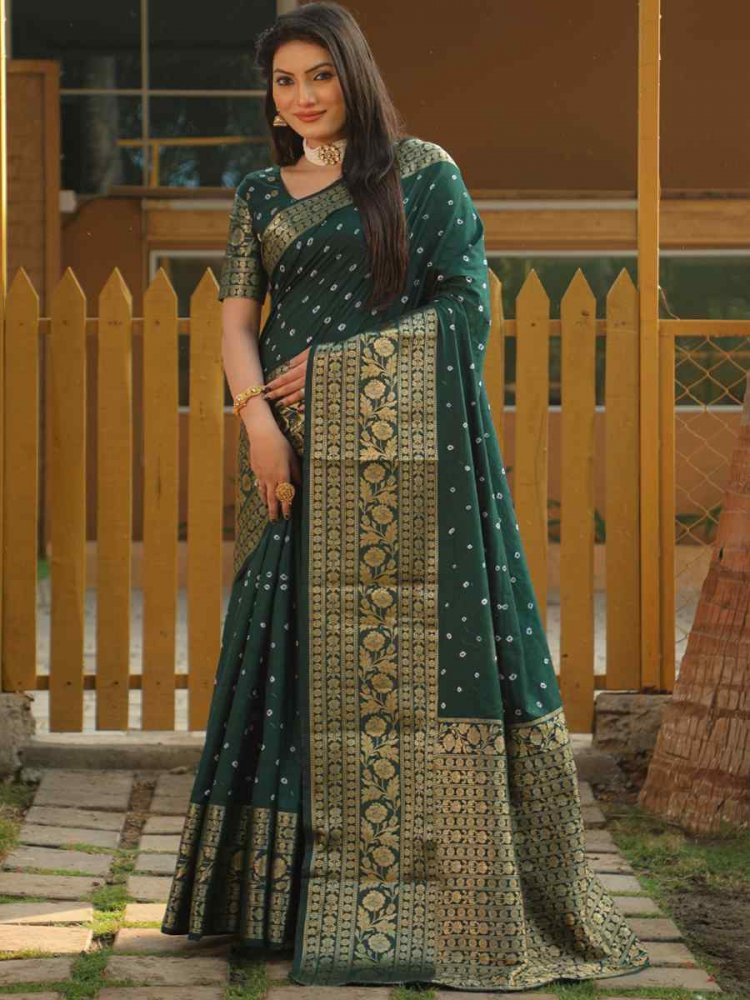 Green Pure Dola Bandhej Silk Handwoven Festival Wedding Heavy Border Saree