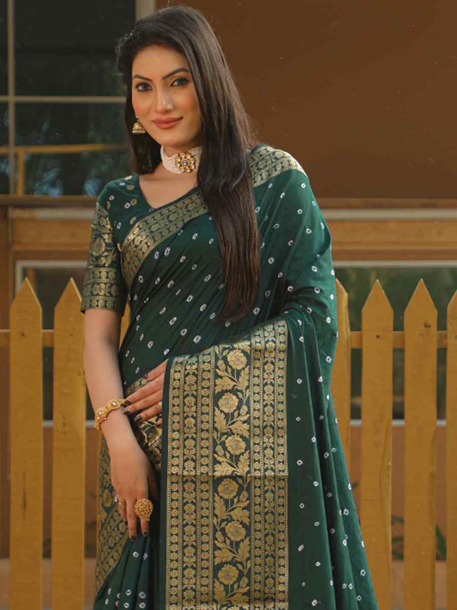Green Pure Dola Bandhej Silk Handwoven Festival Wedding Heavy Border Saree