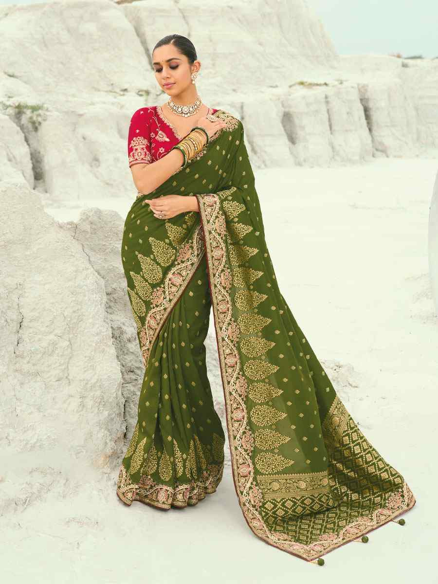 Green Pure Dola Viscose Embroidery Bridal Reception Festival Wedding Fancy Heavy Border Saree