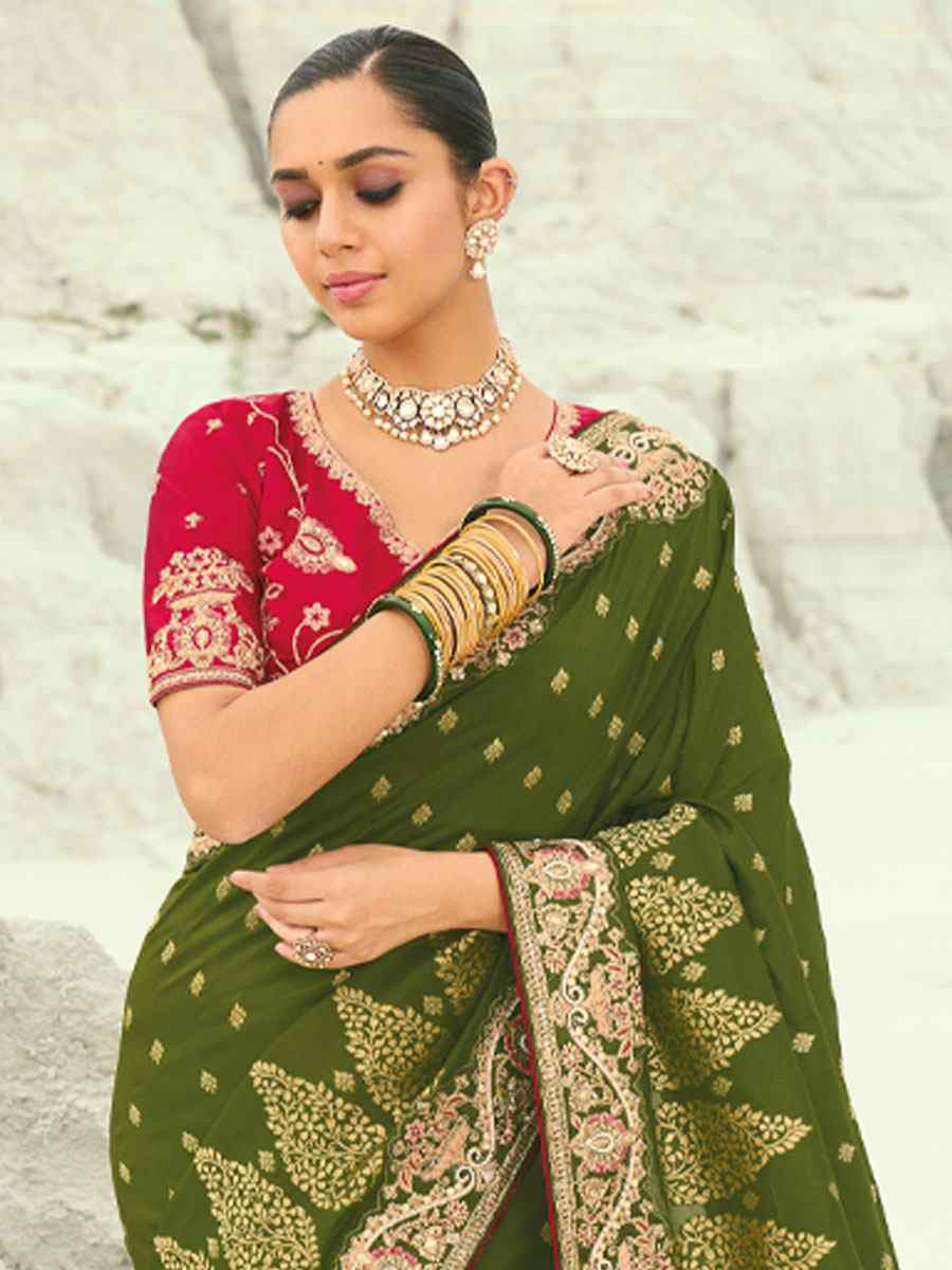 Green Pure Dola Viscose Embroidery Bridal Reception Festival Wedding Fancy Heavy Border Saree