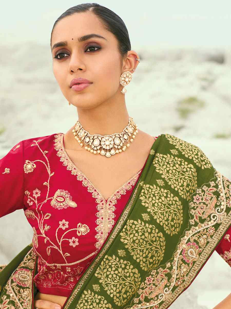 Green Pure Dola Viscose Embroidery Bridal Reception Festival Wedding Fancy Heavy Border Saree