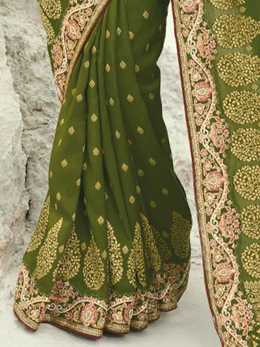 Green Pure Dola Viscose Embroidery Bridal Reception Festival Wedding Fancy Heavy Border Saree