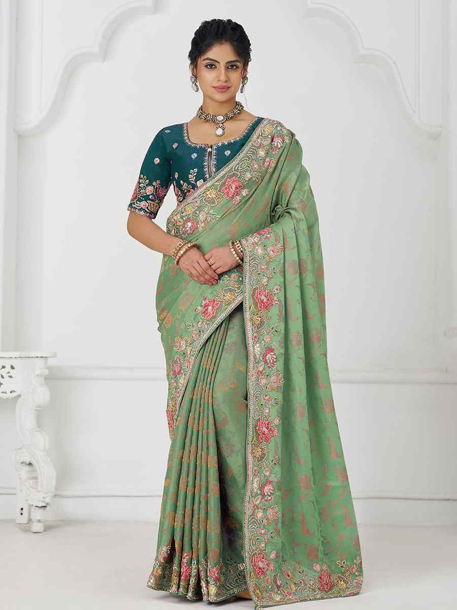 Green Pure Dola Viscouse Silk Embroidered Festival Wedding Fancy Heavy Border Saree