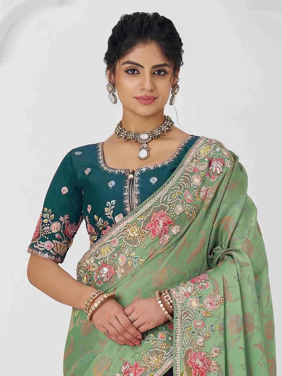 Green Pure Dola Viscouse Silk Embroidered Festival Wedding Fancy Heavy Border Saree