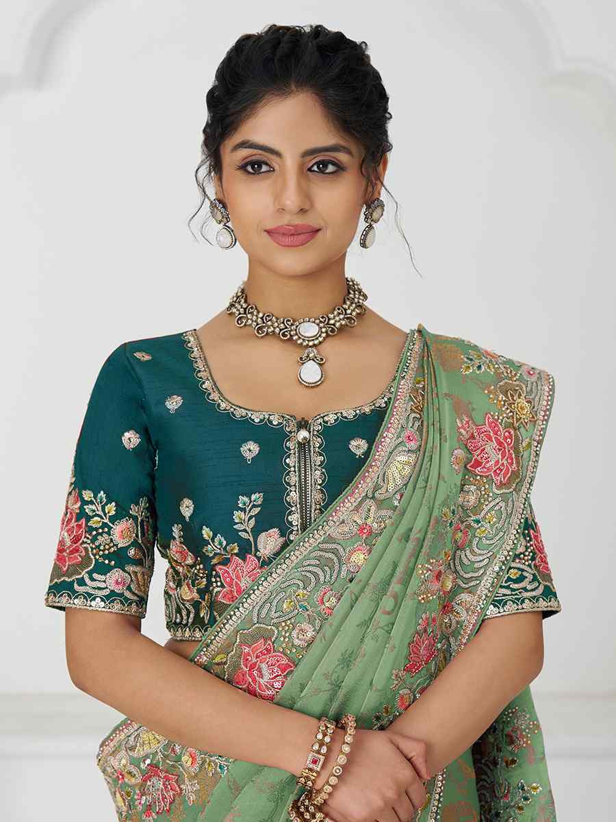 Green Pure Dola Viscouse Silk Embroidered Festival Wedding Fancy Heavy Border Saree