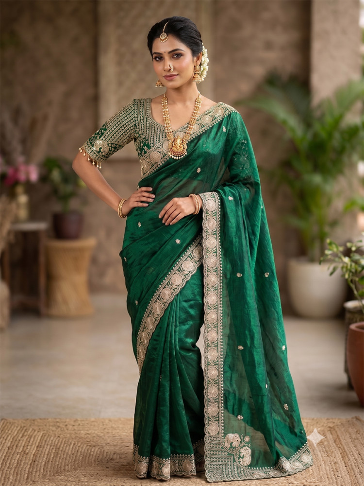 Image of Green Pure Fandy Satin Embroidery Wedding Reception Party Festival Casual Heavy Border Sarees