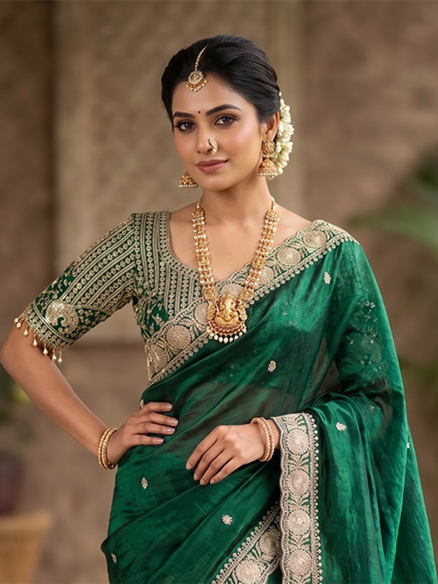 Green Pure Fandy Satin Embroidery Wedding Reception Party Festival Casual Heavy Border Sarees